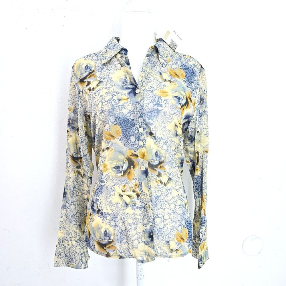 NWT Liz Claiborne Vintage Treasures Gauzy Blue Yellow Floral Long Sleeve Women M